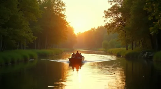 Vue panoramique d'un bateau naviguant paisiblement sur une rivière sinueuse bordée de verdure luxuriante, illustrant l'aventure fluviale et la nature préservée