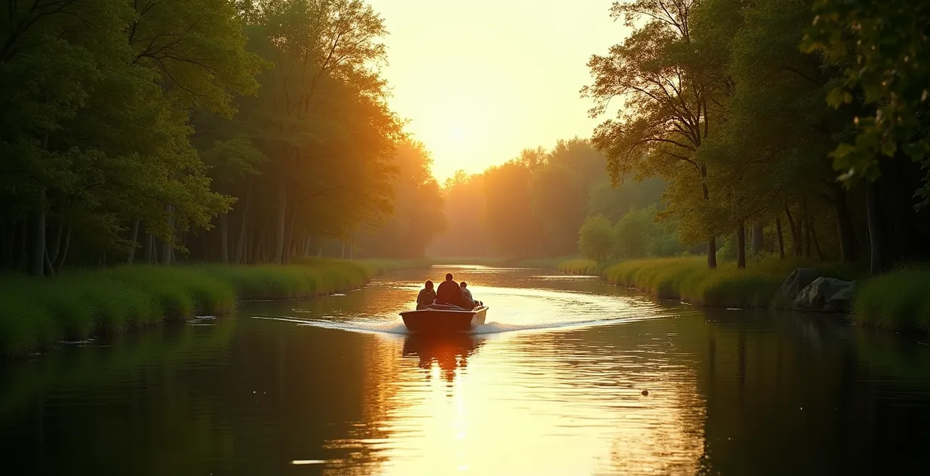 Vue panoramique d'un bateau naviguant paisiblement sur une rivière sinueuse bordée de verdure luxuriante, illustrant l'aventure fluviale et la nature préservée