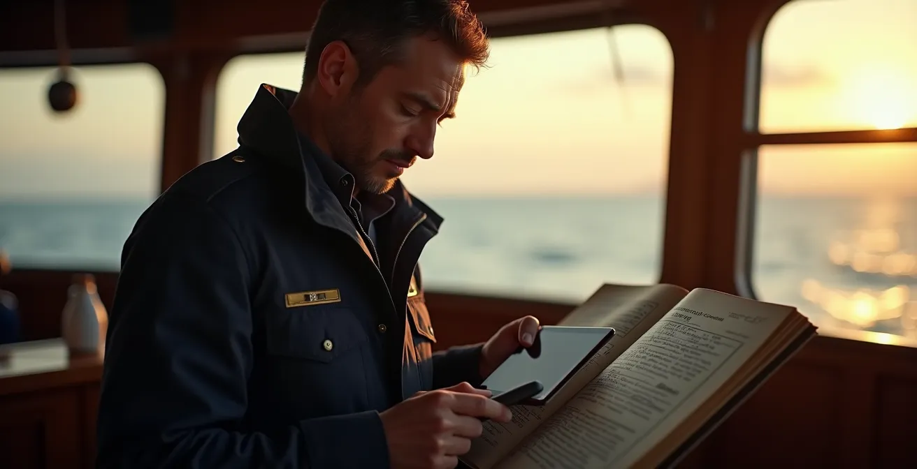 Chef de bord sur un pont de bateau avec expressions de sérieux, consultant son journal de bord et une tablette numérique