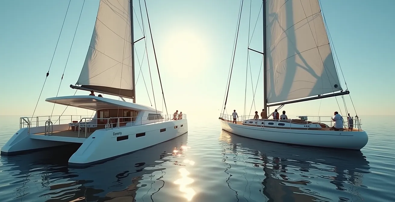 Intérieur d’un catamaran spacieux avec plusieurs petits groupes et un voilier avec équipage collaborant dans le cockpit