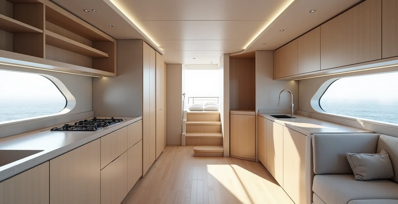 Espace intérieur d’une vedette avec rangement optimisé et coursives larges pour le confort à bord