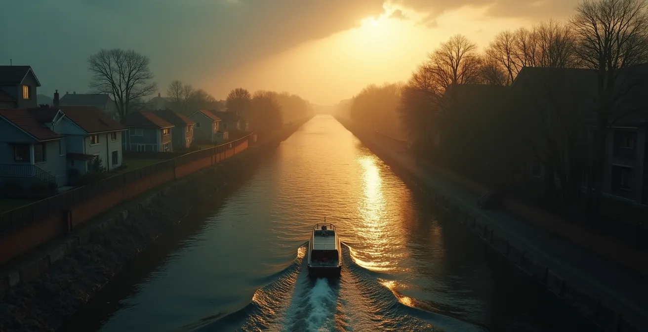 Un bateau quittant la mer pour un canal étroit bordé d’habitations, symbolisant la transition entre navigation maritime et fluviale