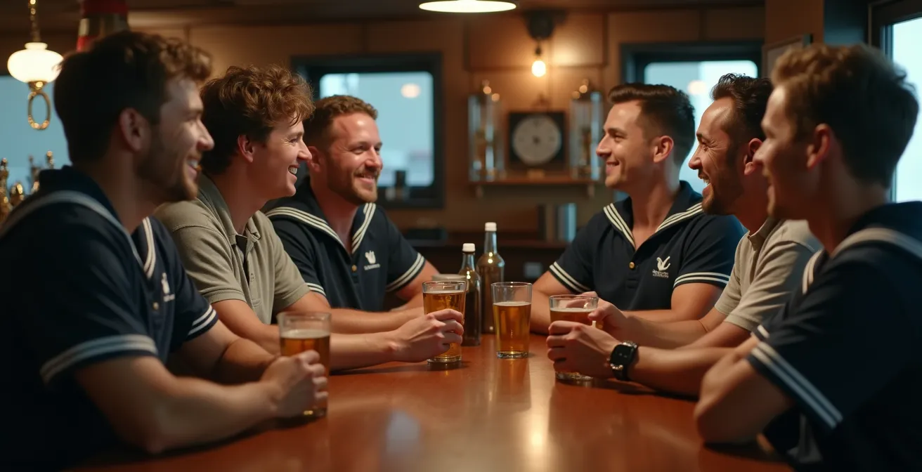 Équipage réuni autour d’une table au bar du club, ambiance détendue après la régate.