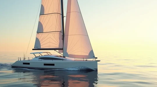 Un monocoque en pleine mer, inclinant doucement sous le vent avec une mer calme, illustrant l'expérience pure de la voile et la gîte du voilier