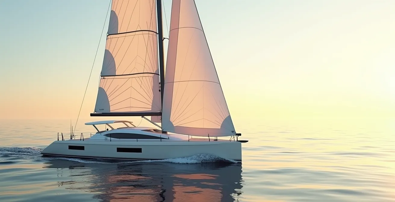 Un monocoque en pleine mer, inclinant doucement sous le vent avec une mer calme, illustrant l'expérience pure de la voile et la gîte du voilier