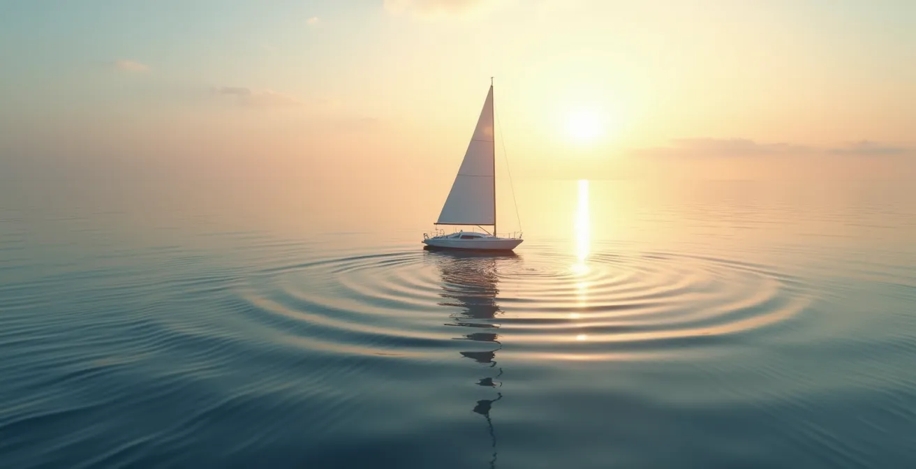 Voilier glissant sur une mer calme avec des ondes régulières illustrant la plage de résonance du 'Point G' en navigation