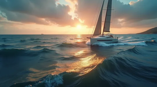 Un voilier en mer suivi d'une trajectoire intelligente dessinée avec des courbes dynamiques, illustrant la navigation stratégique au-delà de la vitesse brute