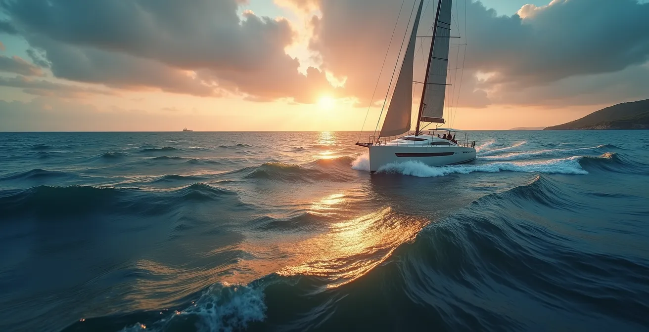 Un voilier en mer suivi d'une trajectoire intelligente dessinée avec des courbes dynamiques, illustrant la navigation stratégique au-delà de la vitesse brute