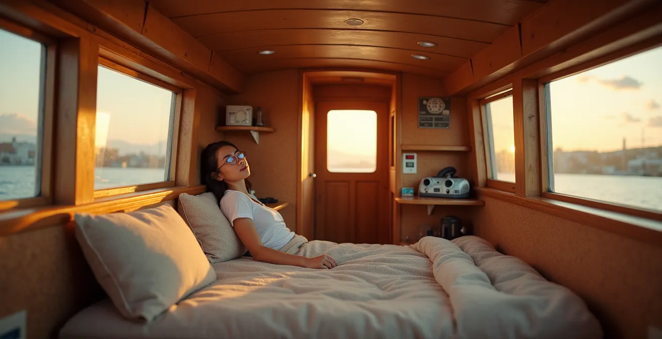 Intérieur d’un bateau avec panneaux d’isolation écologiques visibles, ambiance calme et confort thermique