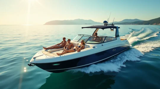 Un day-cruiser élégant sur une mer calme, sous un ciel lumineux lors d'une journée ensoleillée, avec des passagers détendus profitant de l'expérience nautique.
