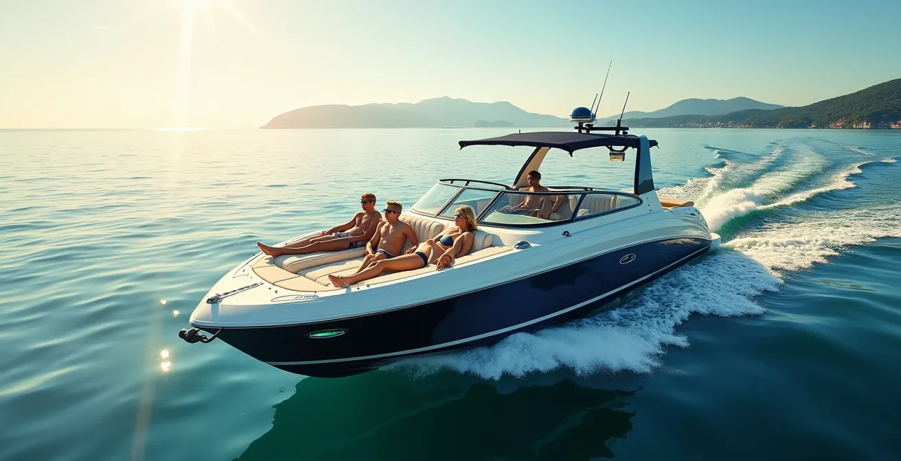 Un day-cruiser élégant sur une mer calme, sous un ciel lumineux lors d'une journée ensoleillée, avec des passagers détendus profitant de l'expérience nautique.