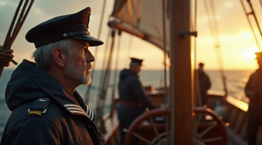 Scène symbolique d'un marin en communication avec son équipage, entre ciel, mer et instruments nautiques
