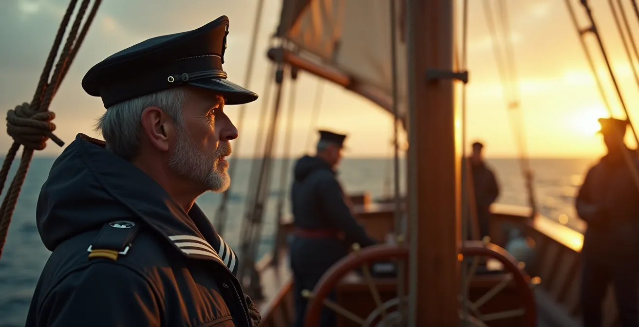 Scène symbolique d'un marin en communication avec son équipage, entre ciel, mer et instruments nautiques