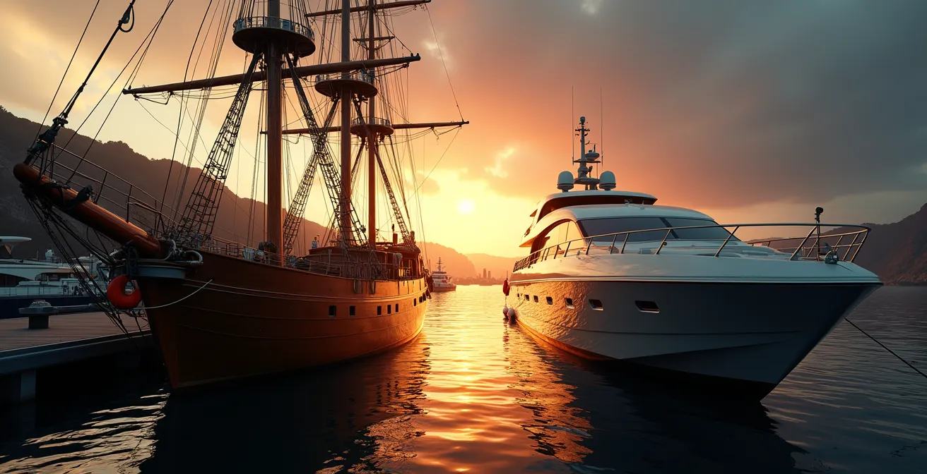 Un voilier en bois classique contrastant avec un yacht moderne sur un port, symbole des différentes personnalités maritimes