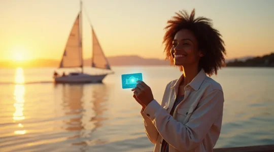 Illustration montrant une personne souriante tenant une carte d'accès vers un bateau au coucher de soleil, symbolisant l'ouverture du nautisme aux débutants.