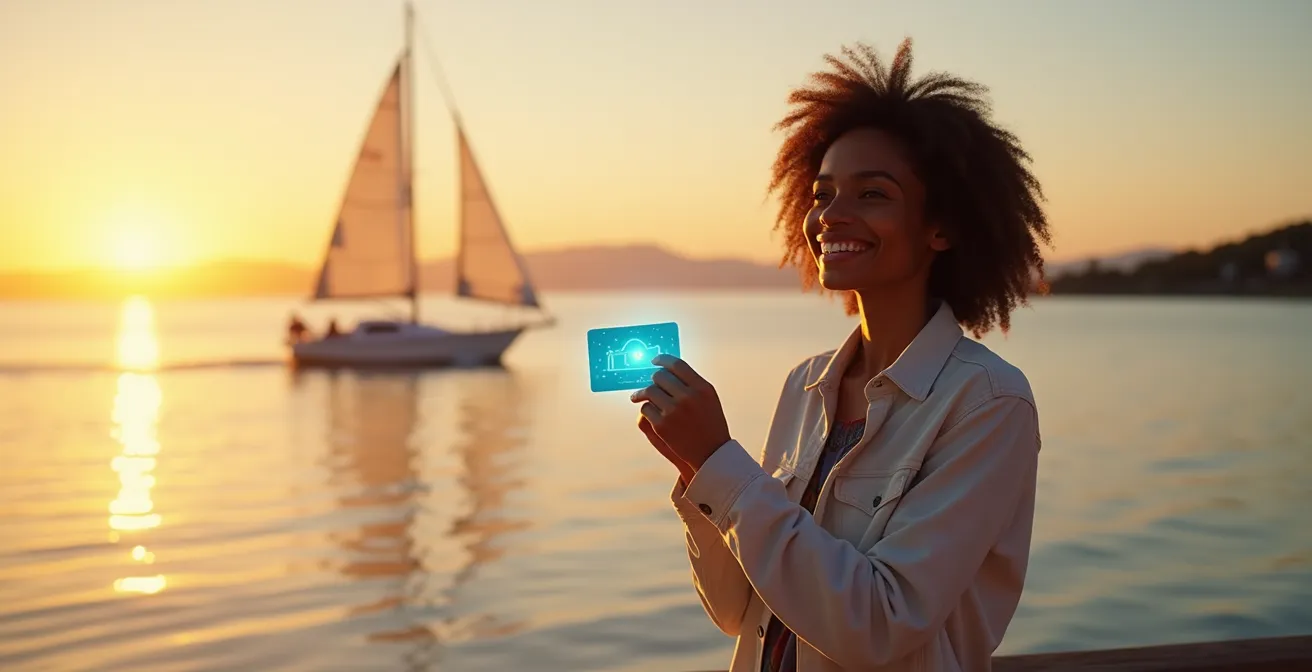 Illustration montrant une personne souriante tenant une carte d'accès vers un bateau au coucher de soleil, symbolisant l'ouverture du nautisme aux débutants.