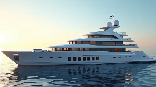 Un yacht moderne et luxueux naviguant sur une mer calme sous un ciel lumineux, illustrant le confort et le bien-être à bord grâce à un aménagement intelligent.