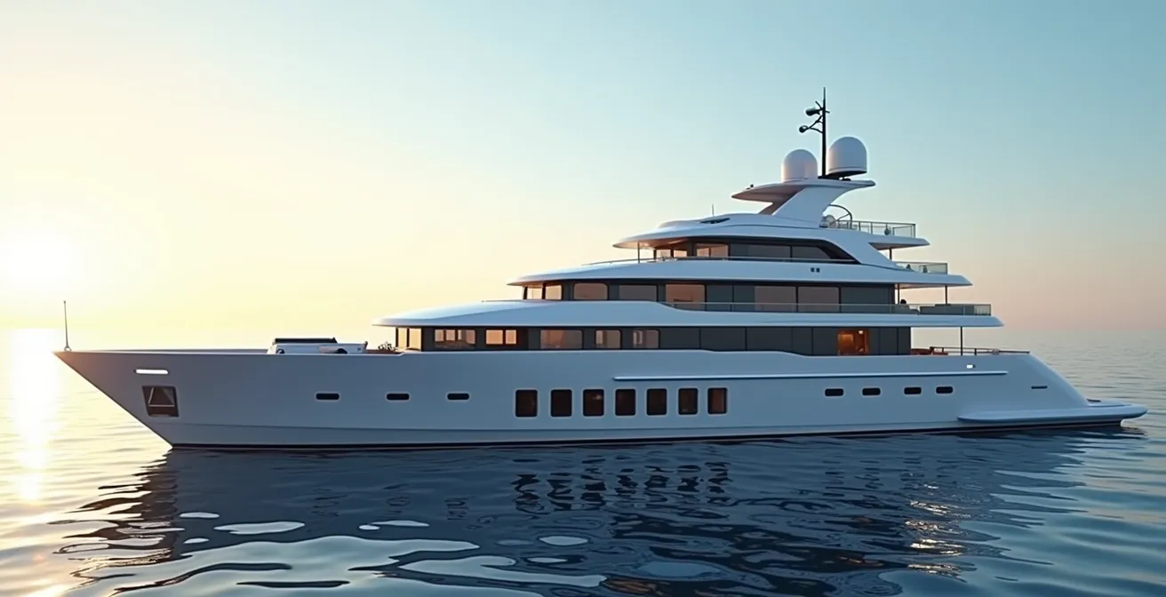 Un yacht moderne et luxueux naviguant sur une mer calme sous un ciel lumineux, illustrant le confort et le bien-être à bord grâce à un aménagement intelligent.