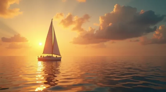 Bateau de plaisance autonome naviguant en mer calme avec panneaux solaires et voiles, sous un ciel clair au coucher du soleil