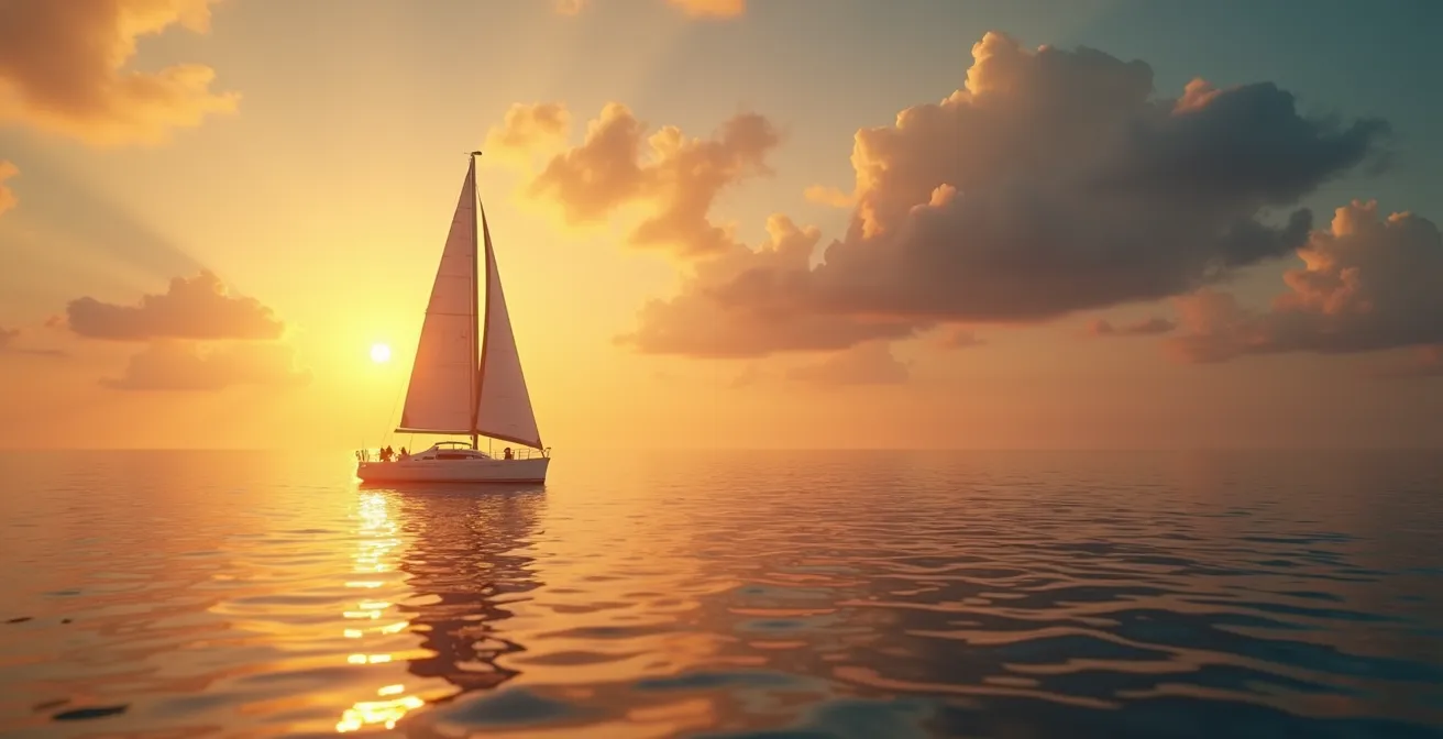 Bateau de plaisance autonome naviguant en mer calme avec panneaux solaires et voiles, sous un ciel clair au coucher du soleil