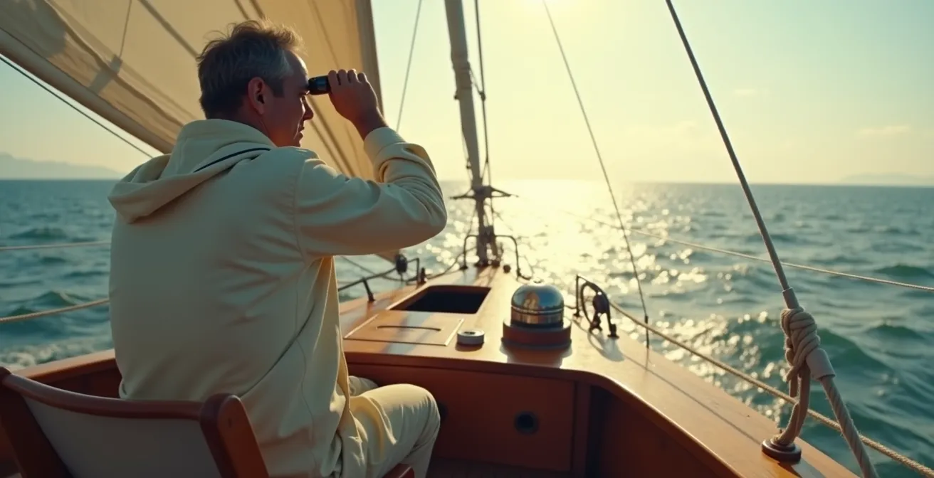 Navigateur en mer utilisant des instruments simples et observant les éléments naturels, ambiance matinale calme