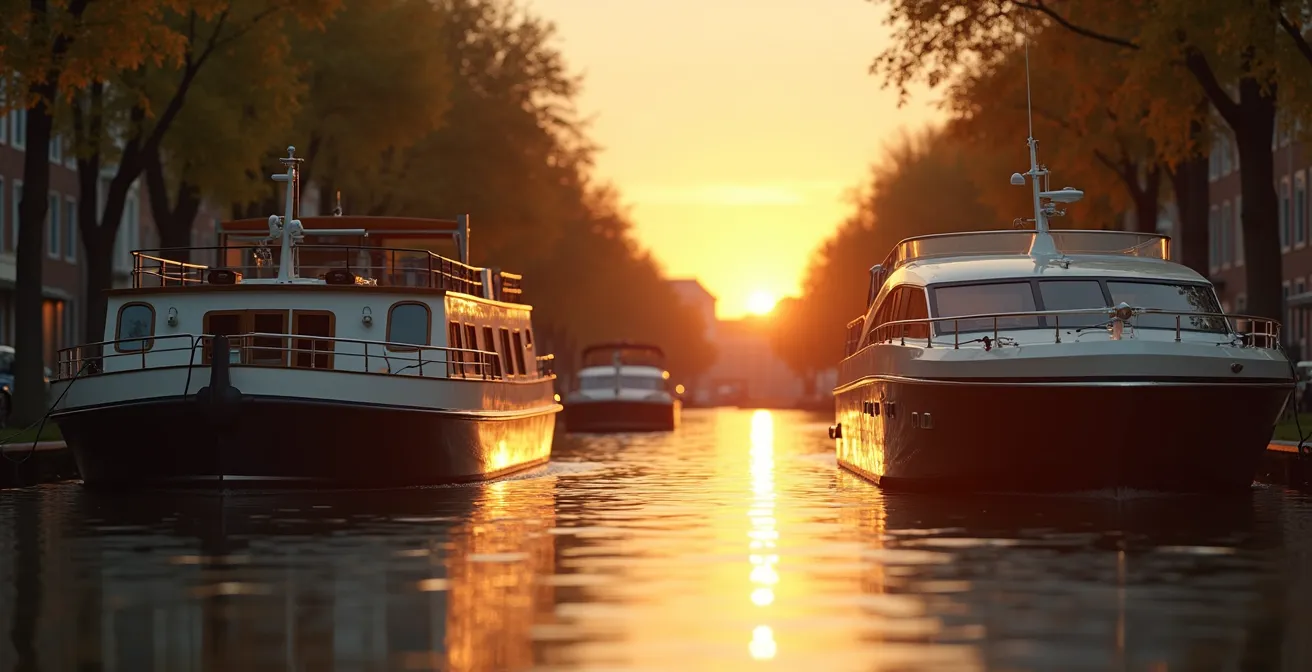 Une péniche traditionnelle en acier à quai près d'une vedette moderne électrique sur un canal calme au coucher du soleil