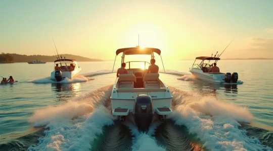 Une vue panoramique d'un lac ou mer avec divers types de plaisirs nautiques motorisés, incluant un bateau à moteur in-bord et hors-bord avec des activités variées comme la pêche, le wakeboard et la détente sur la plateforme arrière