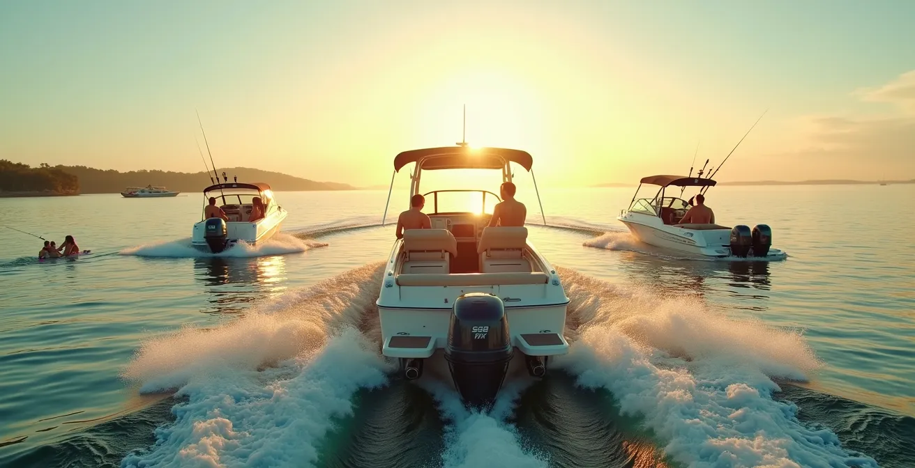Une vue panoramique d'un lac ou mer avec divers types de plaisirs nautiques motorisés, incluant un bateau à moteur in-bord et hors-bord avec des activités variées comme la pêche, le wakeboard et la détente sur la plateforme arrière