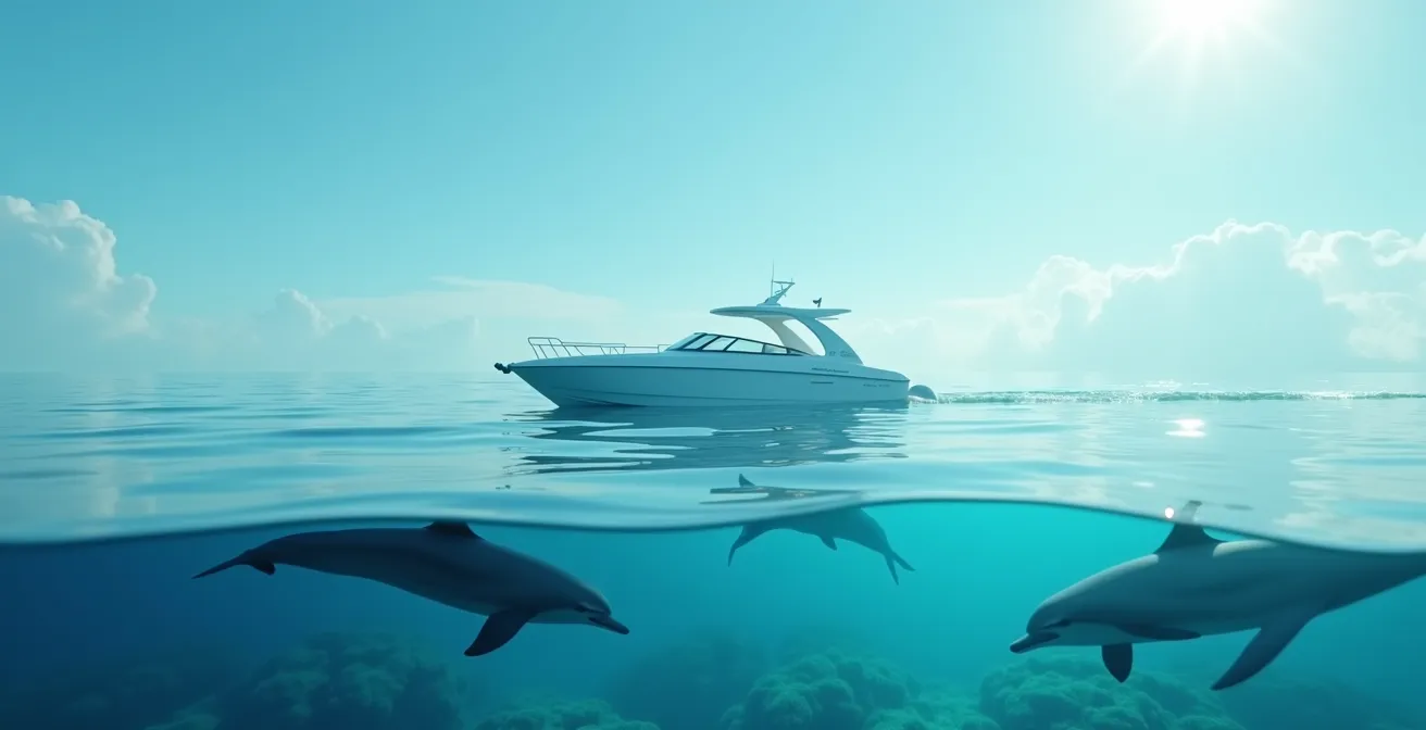 Bateau électrique silencieux naviguant sur une mer calme avec faune marine visible en arrière-plan