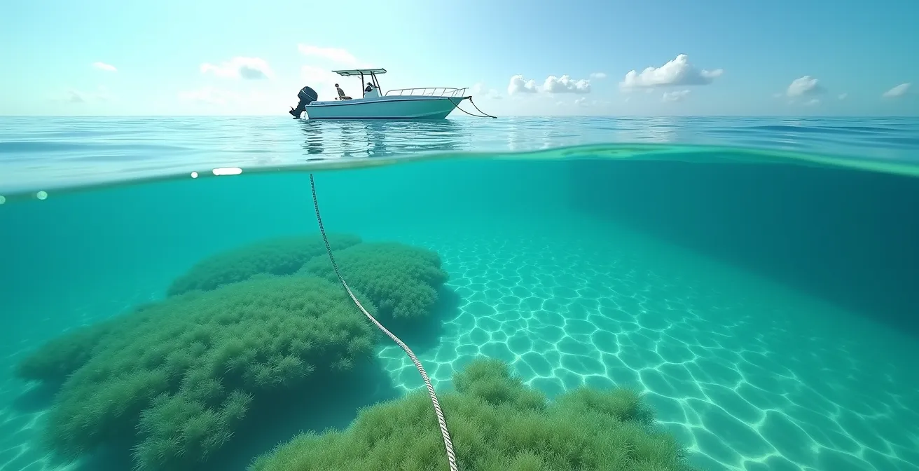 Bateau en mouillage dans une zone protégée avec des herbiers de posidonie en arrière-plan clair et eaux turquoises