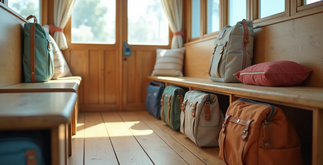 Vue détaillée d'un day-cruiser avec zones de rangement ingénieuses, sacs multifonctions, et espaces réutilisés astucieusement.