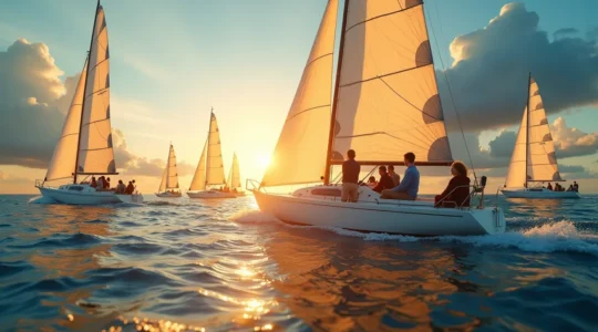 Voiliers de régate et de croisière naviguant ensemble sur une mer bleue, lumière dorée, équipages actifs, ambiance sportive et familiale.
