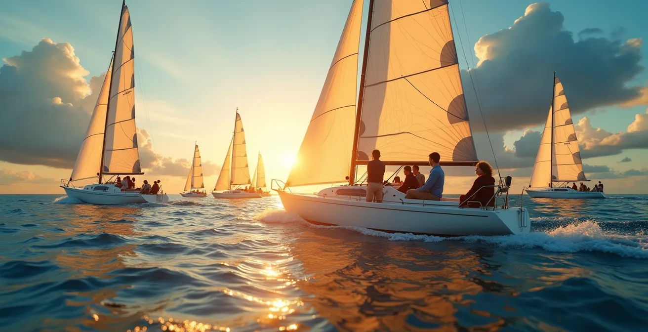 Voiliers de régate et de croisière naviguant ensemble sur une mer bleue, lumière dorée, équipages actifs, ambiance sportive et familiale.