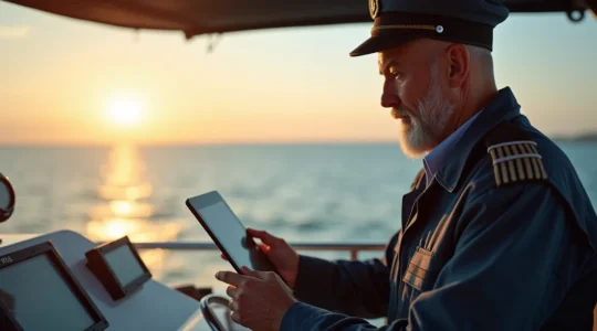 Bateau en mer avec un capitaine consultant les réglementations maritimes sur un écran, horizon marin et soleil couchant