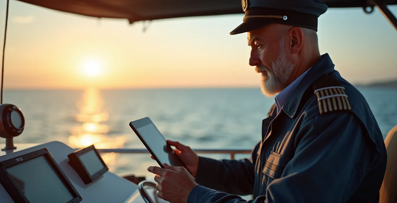 Bateau en mer avec un capitaine consultant les réglementations maritimes sur un écran, horizon marin et soleil couchant