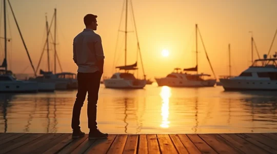 Un navigateur contemplant un voilier au coucher du soleil symbolisant les rêves et la diversité des bateaux