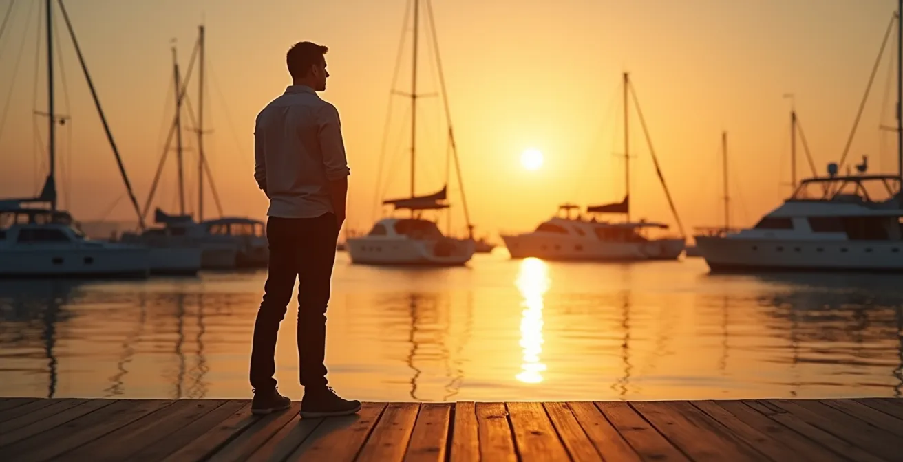 Un navigateur contemplant un voilier au coucher du soleil symbolisant les rêves et la diversité des bateaux