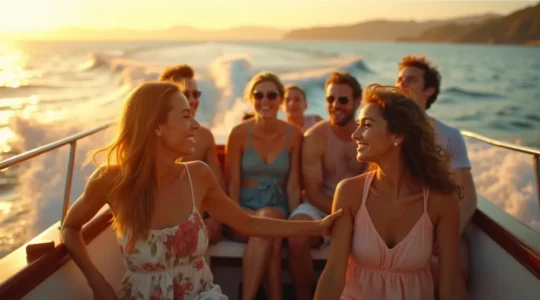 Bateau naviguant sur une mer calme au coucher du soleil, avec des personnes profitant d'un moment joyeux et paisible à bord