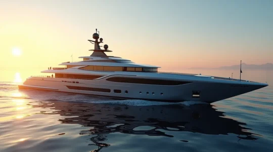 Superyacht moderne en mer au coucher de soleil, symbole du luxe et des technologies nautiques avancées
