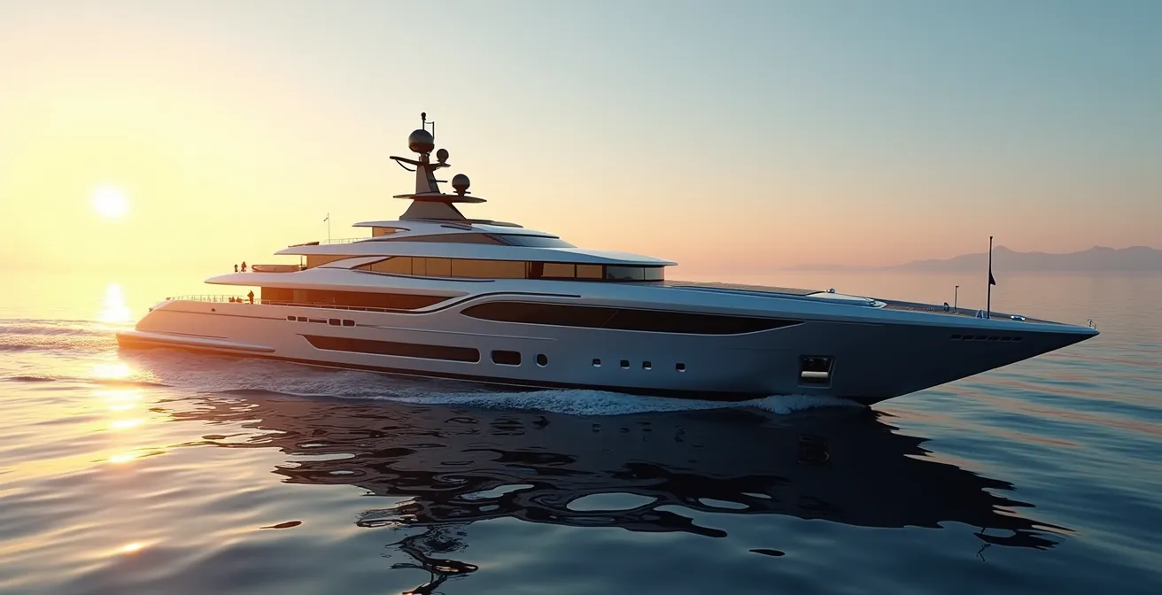 Superyacht moderne en mer au coucher de soleil, symbole du luxe et des technologies nautiques avancées