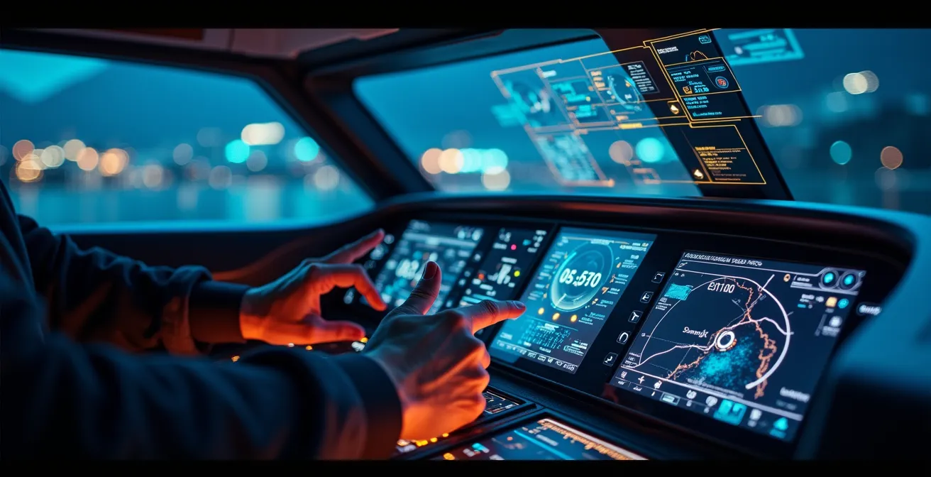 Cockpit d’un superyacht futuriste avec hologrammes, commandes vocales et interface réalité augmentée