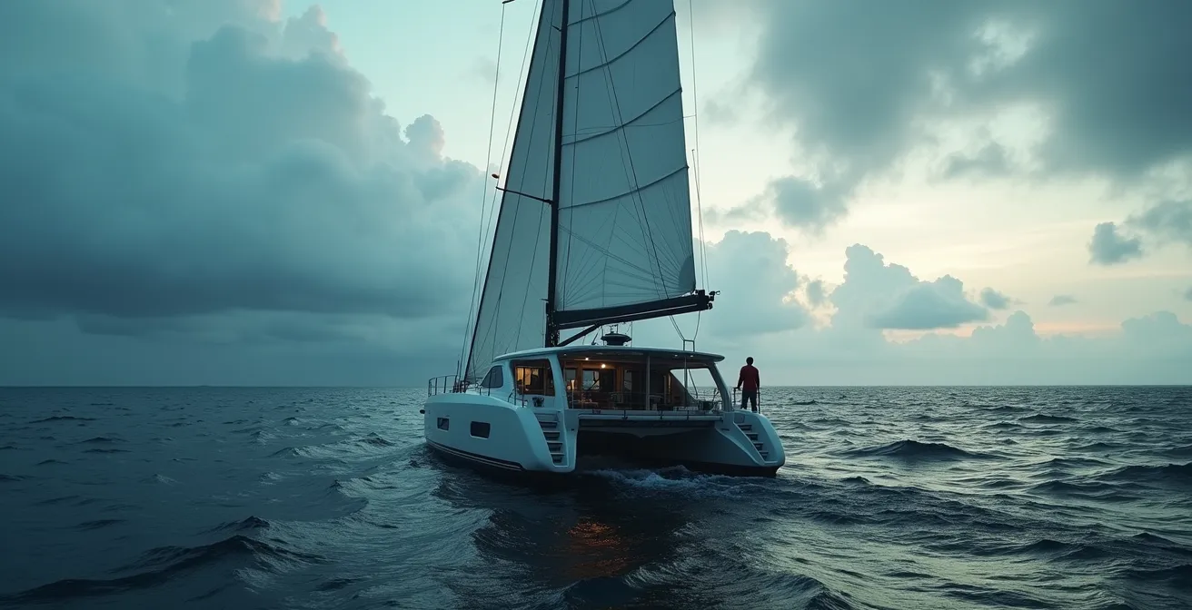 Voilier naviguant avec des appareils de communication high-tech visibles, en contraste avec un fond de mer vaste et sauvage