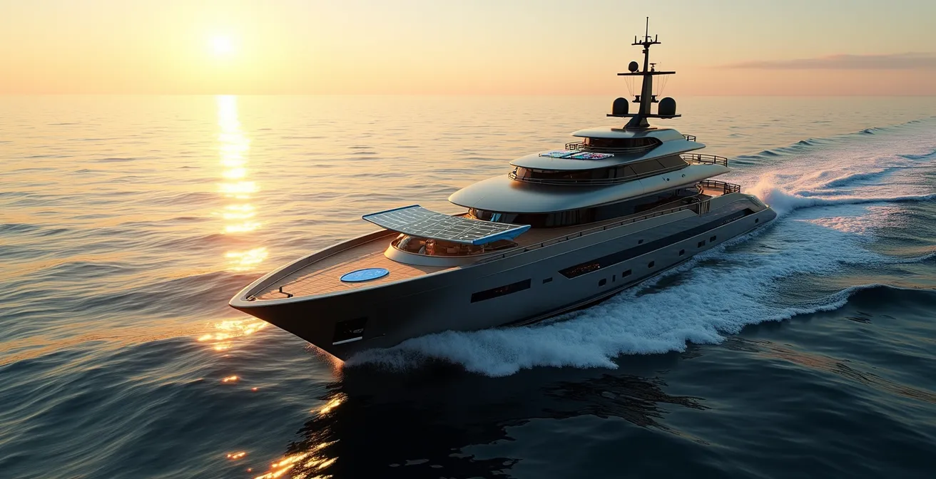 Vue détaillée d’un superyacht équipé de panneaux solaires, systèmes de propulsion hybride et hologrammes de navigation numérique