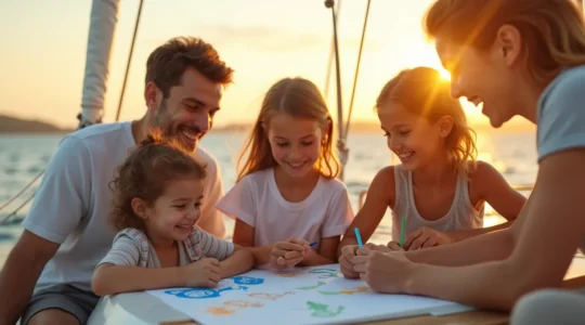 Famille heureuse sur un bateau en mer, enfants jouant et découvrant la nature marine