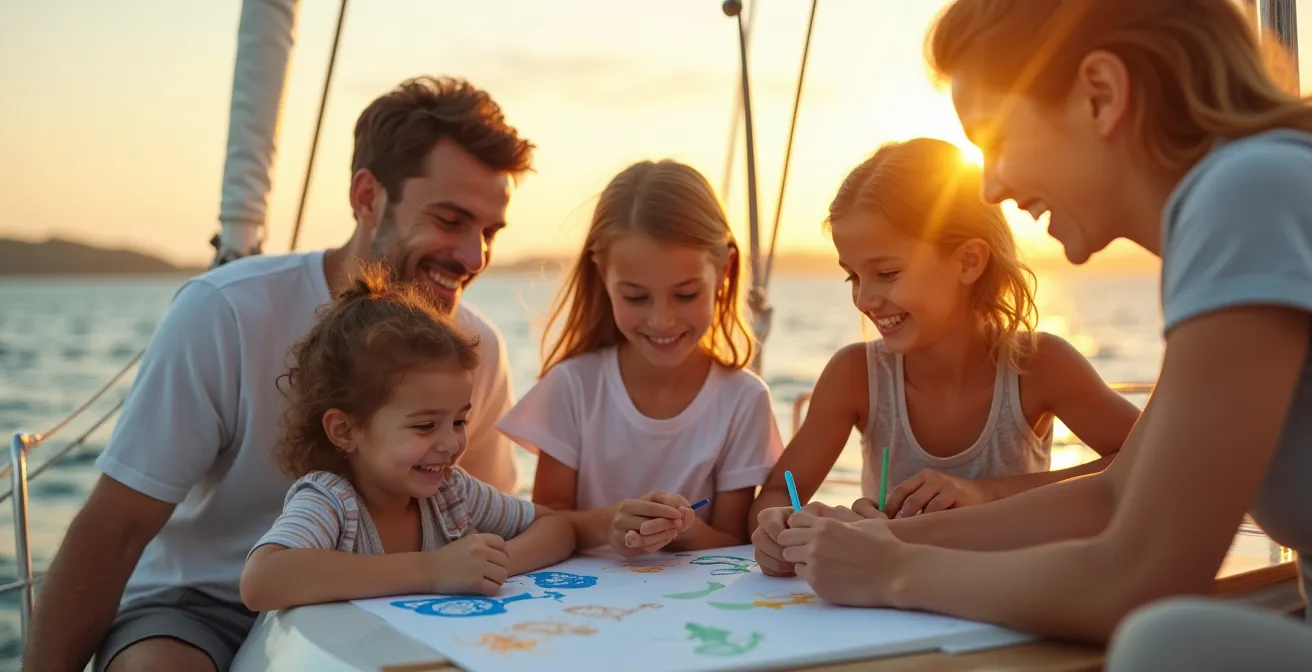 Famille heureuse sur un bateau en mer, enfants jouant et découvrant la nature marine