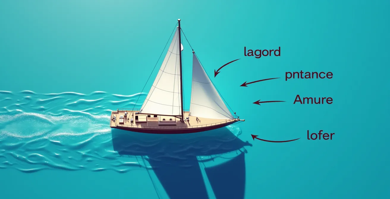 Illustration détaillée d'un bateau avec annotations des termes maritimes (bâbord, amure, lofer) montrant les forces du vent et les positions à bord