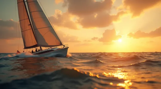 Voilier en pleine navigation avec voiles réglées finement, vent visible en flux sur la mer, illustration symbolisant la stratégie et l'anticipation du vent