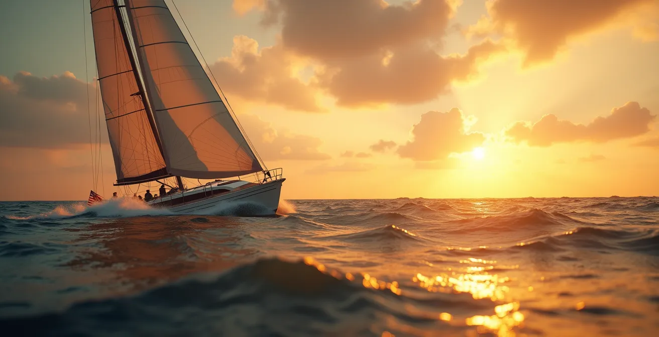 Voilier en pleine navigation avec voiles réglées finement, vent visible en flux sur la mer, illustration symbolisant la stratégie et l'anticipation du vent