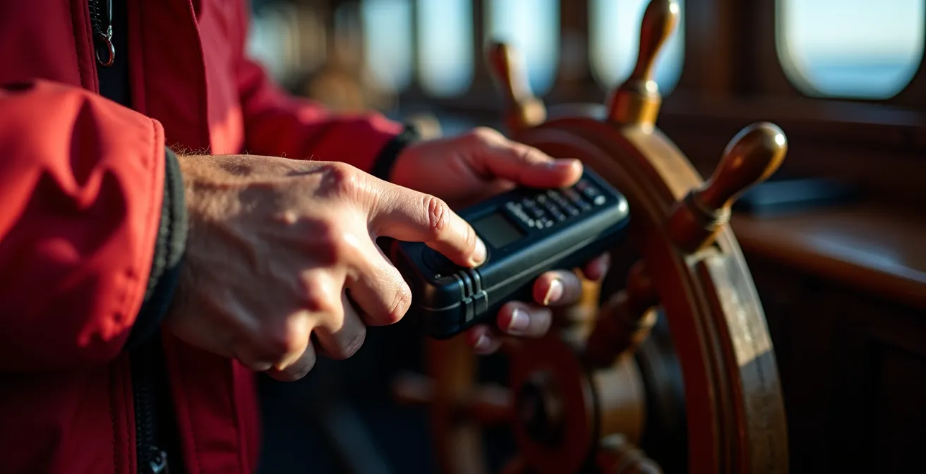 Équipier utilisant l'alphabet phonétique sur une radio VHF marine