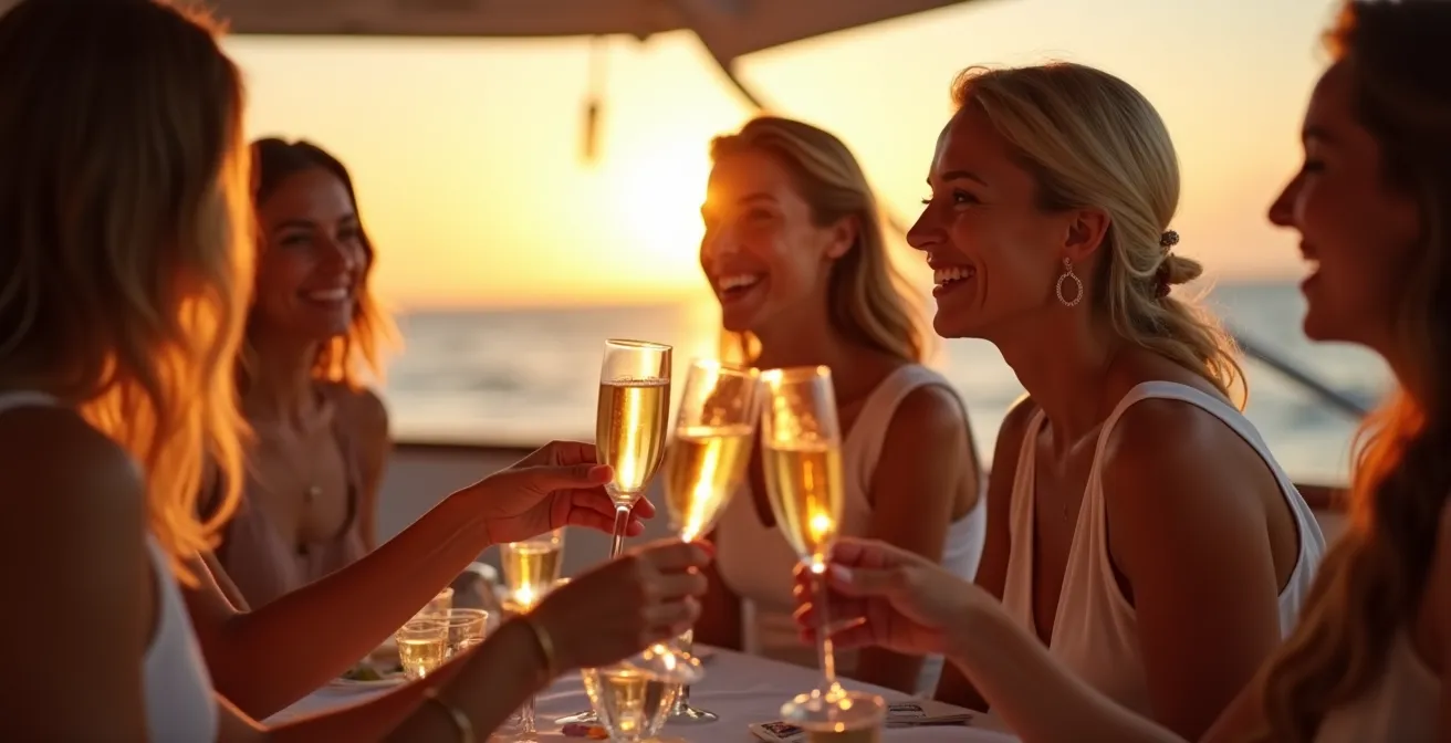 Portrait intimiste d'invités souriants lors d'une réception sur le pont d'un yacht au coucher du soleil